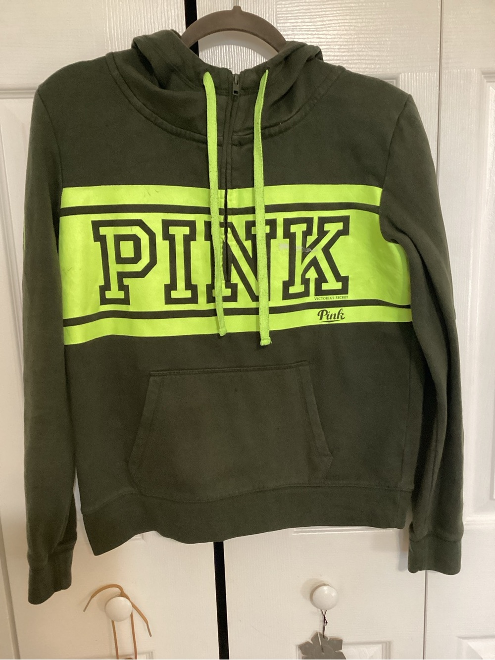 Victoria's Secret PINK Olive Green Hoodie with Neon Green Accents